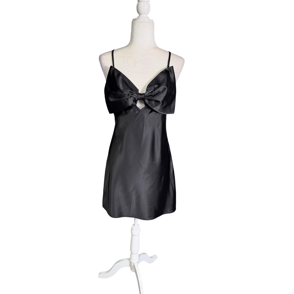 Storia Black Satin Bow Front Cutout Mini Dress Open Back Medium